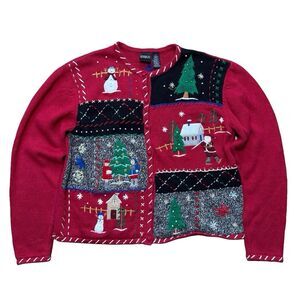 Vintage 90s Erika Christmas Ugly Sweater Women’s XL Embroidered Holiday Cardigan